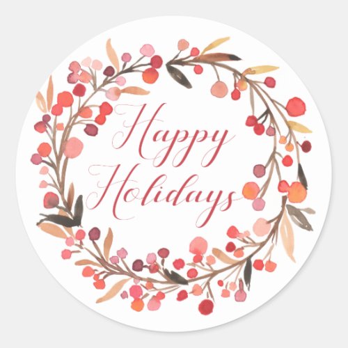 Happy Holidays  Watercolor Holly Wreath Classic Round Sticker