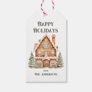 Happy Holidays Watercolor House Personalized Gift Tags