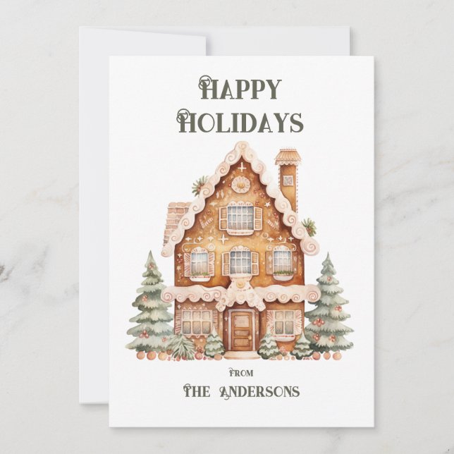 Happy Holidays Watercolor House Personalized  Holiday Card (Front)