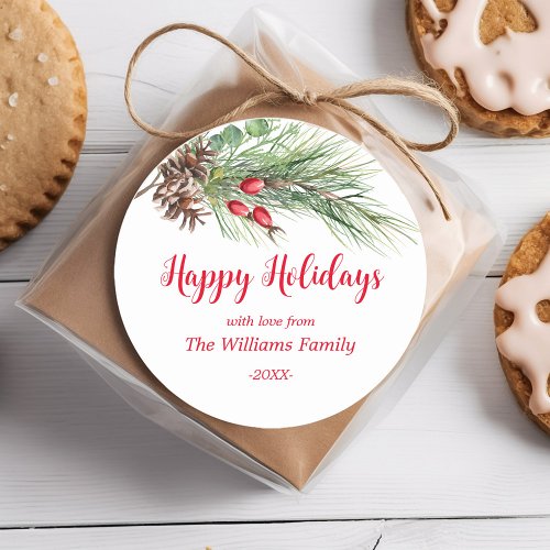 Happy Holidays Watercolor Pine Christmas  Classic Round Sticker