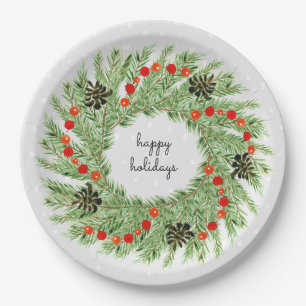 Happy Holidays Watercolor Pine Cone Wreath Paper Plates
