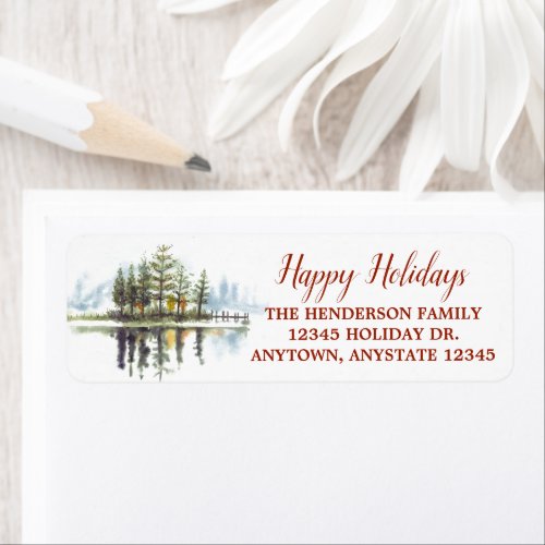 Happy Holidays Watercolor Pine Tree Address Label