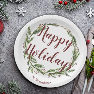 Happy Holidays Watercolor Pine Wreath Paper Plates