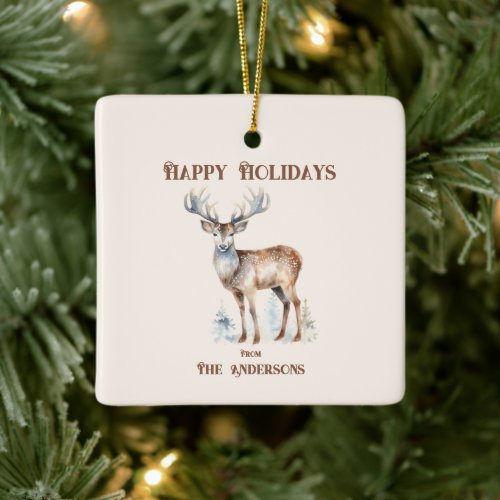 Happy Holidays Watercolor Reindeer Personalized  Ceramic Ornament