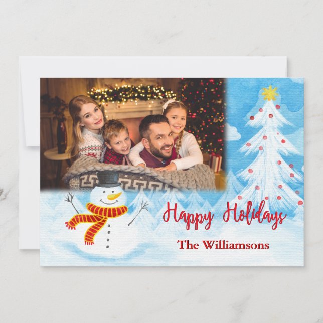 Happy Holidays Watercolor Snowman Photo Christmas Holiday Card (Front)