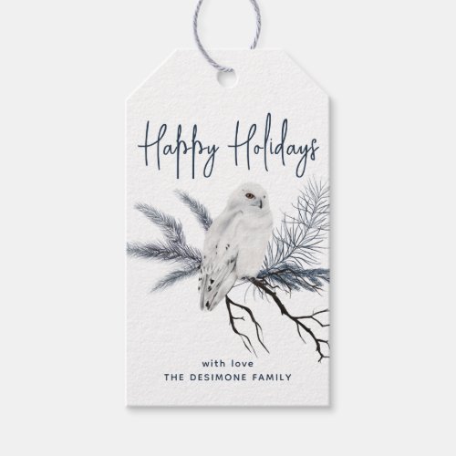 Happy Holidays Watercolor Snowy Owl Blue Gift Tag