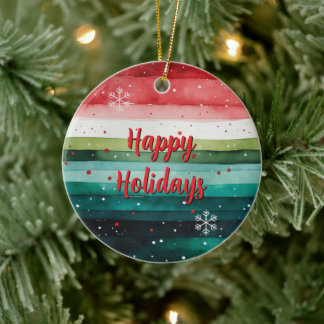 Happy Holidays Watercolor Stripe Christmas Ceramic Ornament