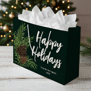 Happy Holidays Watercolor Winter Pine Green  Large Gift Bag