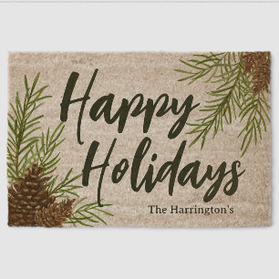 Happy Holidays Watercolor Winter Pine Ivory Fiber Doormat