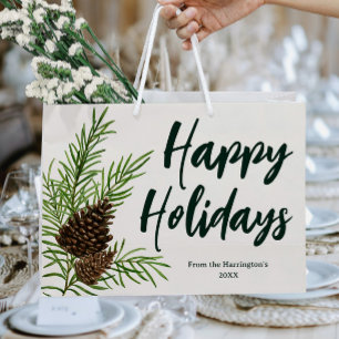 Happy Holidays Watercolor Winter Pine Ivory  Large Gift Bag