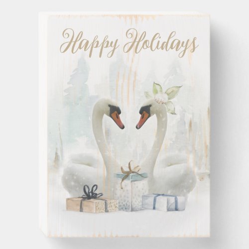 Happy Holidays Watercolor Winter Swans Wooden Box Sign
