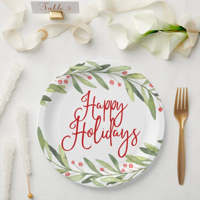 Happy Holidays Watercolor Wreath Christmas Dinner Paper Plates (Wedding)