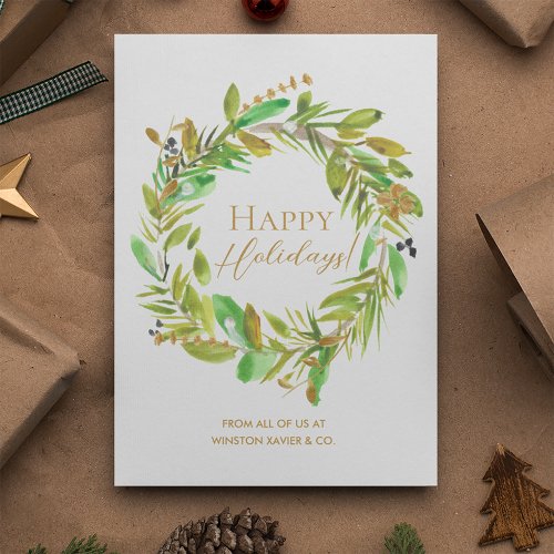 Happy Holidays Watercolor Wreath Corporate logo Holiday Card