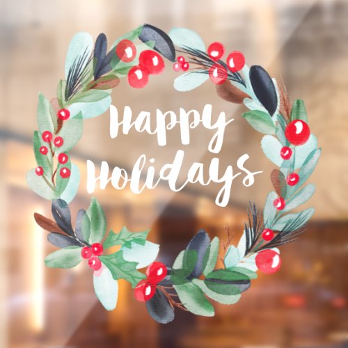 Happy holidays watercolor wreath script window cling