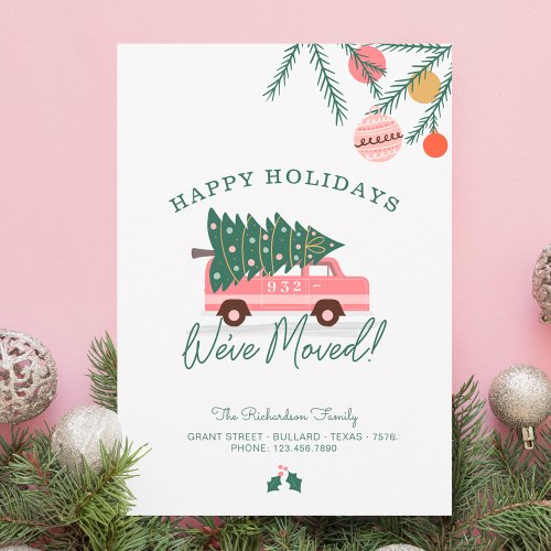 Happy Holidays Weve Moved Pink Van Christmas Tree Holiday Card