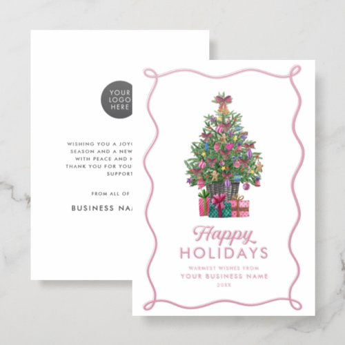 Happy Holidays Whimsical Pink Business Letterpress Photo Cards