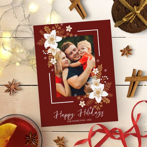 Happy Holidays White Floral Christmas Photo Postcard