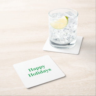 Happy Holidays white green simple elegant party Square Paper Coaster
