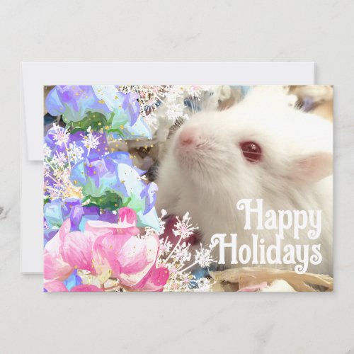 Happy Holidays White Hamster w Sweet Peas Flowers Holiday Card