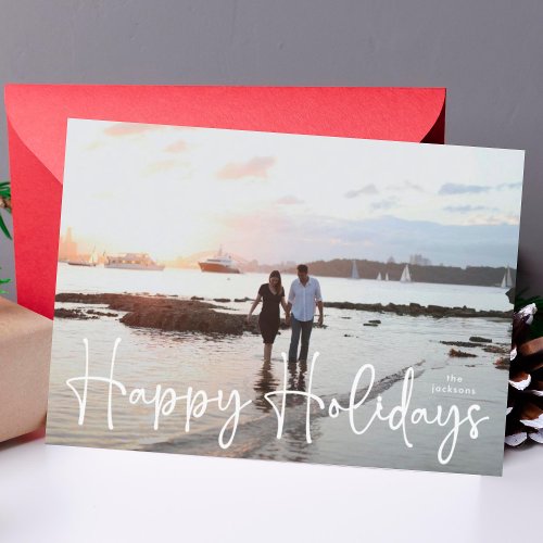 Happy Holidays White modern Hand Written Photo Holiday Card