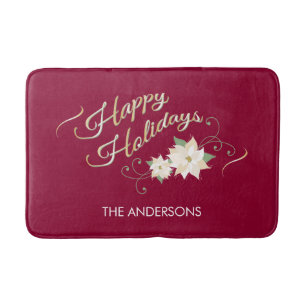 Happy Holidays, White Poinsettia, Personalized Bathroom Mat