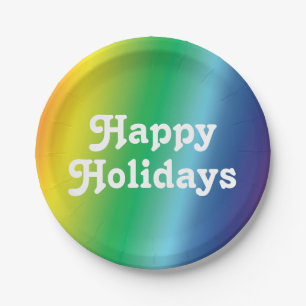 "Happy Holidays" white, pride lgbtq rainbow colors Paper Plates