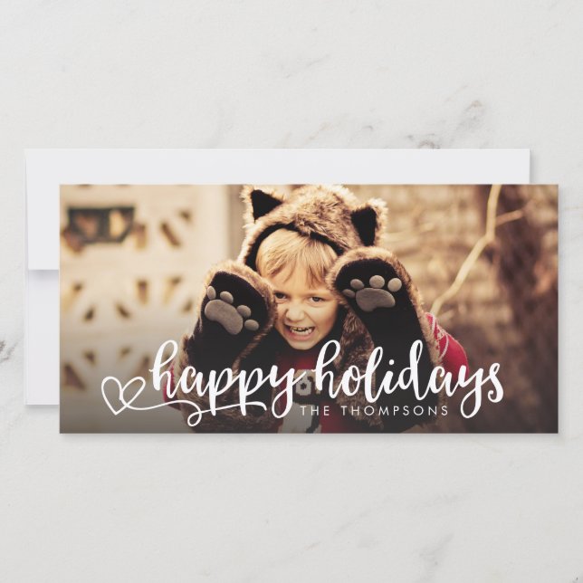 Happy Holidays White Script Photo Overlay Greeting Holiday Card (Front)
