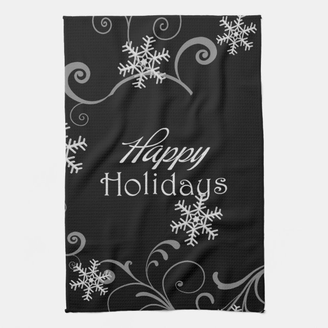 Happy Holidays White Snowflakes on Black Towel (Vertical)