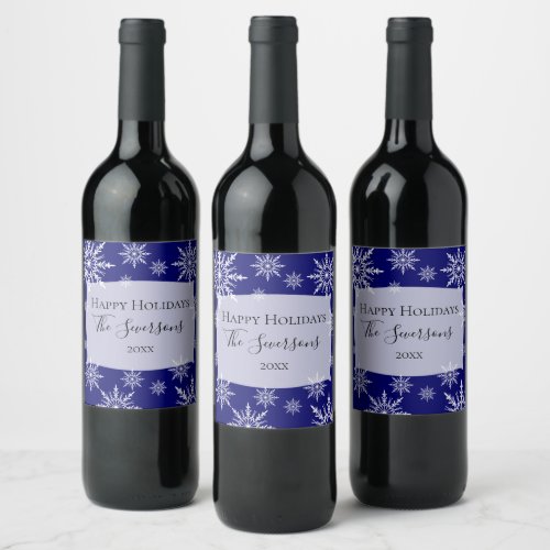 Happy Holidays White Snowflakes on Blue Wine Label