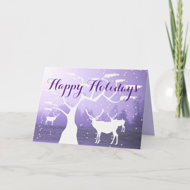 Happy Holidays White Tree/Deer Silhouette Card (Front)