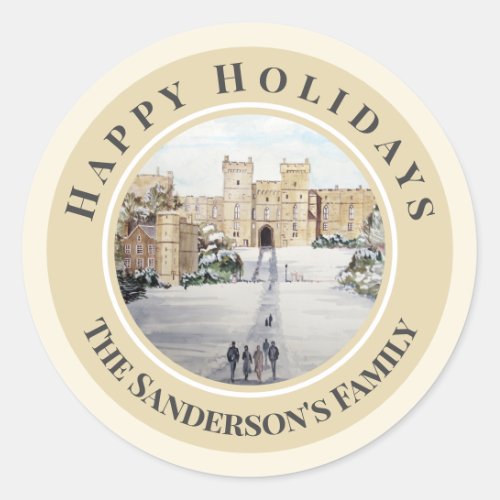 Happy Holidays Winter at Windsor Castle Painting Classic Round Sticker