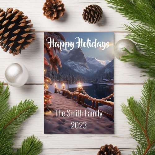 Happy Holidays Winter Cabin with Family Name Holiday Card