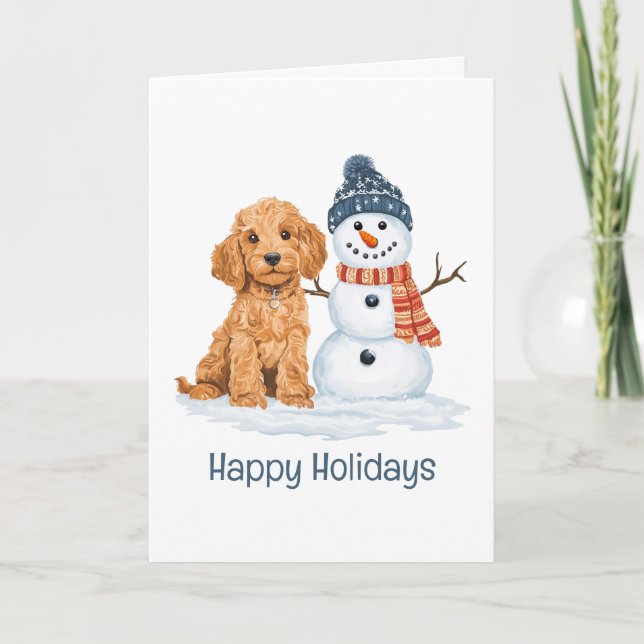 Happy Holidays Winter Goldendoodle Dog Snowman Card (Front)