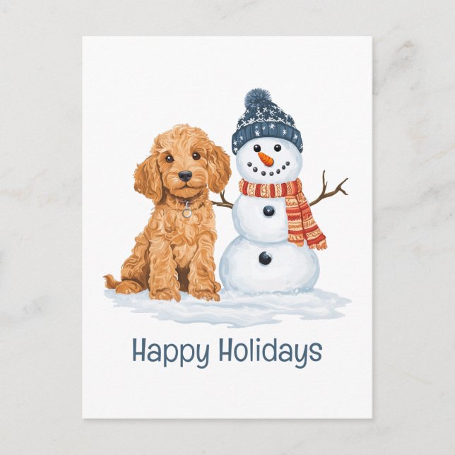 Happy Holidays Winter Goldendoodle Dog Snowman Postcard (Front)