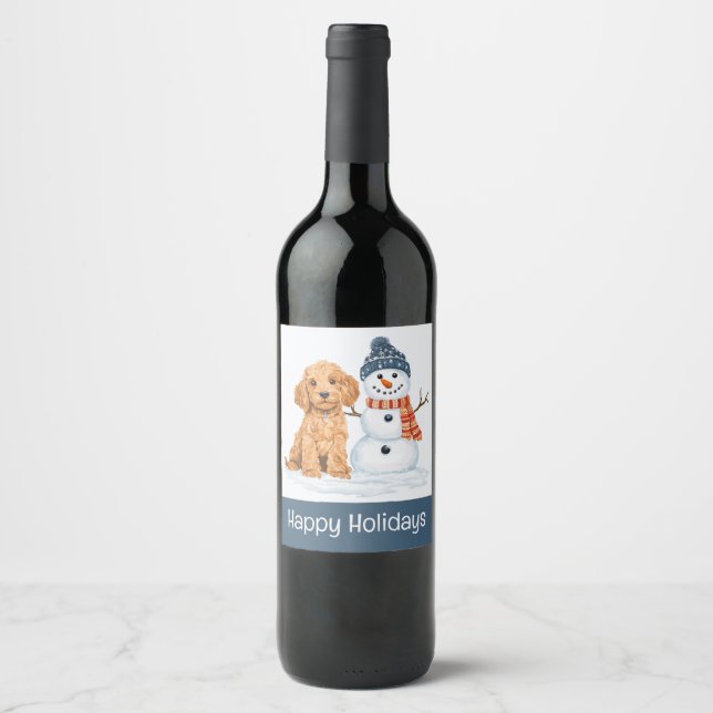 Happy Holidays Winter Goldendoodle Dog Snowman Wine Label (Front)