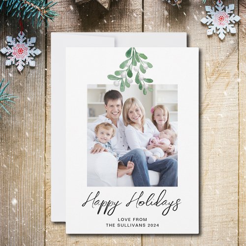 Happy Holidays Winter Greenery Mistletoe Photo Holiday Card