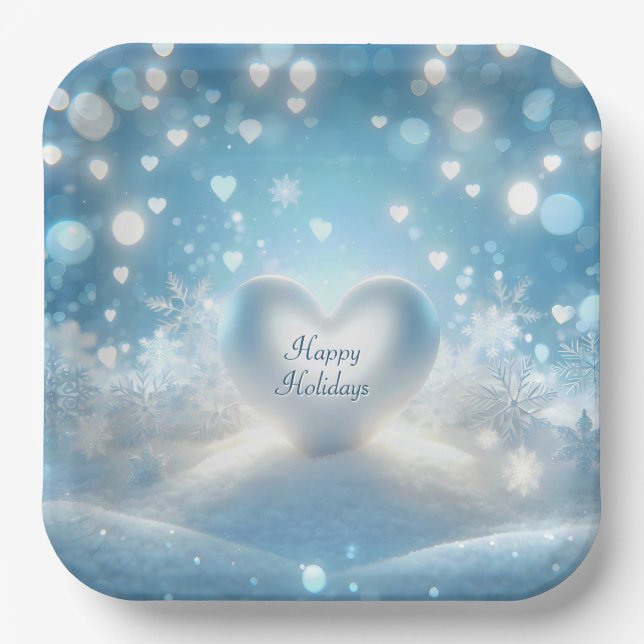 Happy Holidays Winter Heart Paper Plates (Front)