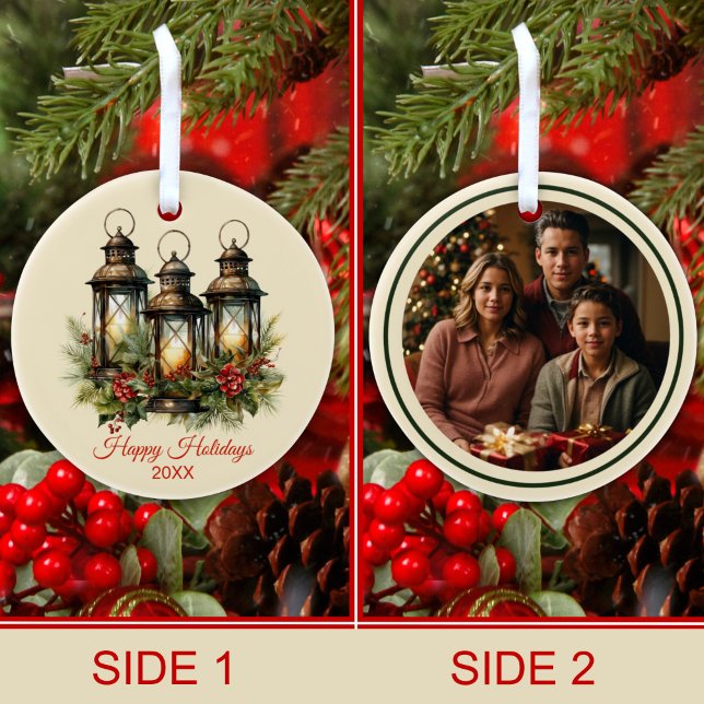 Happy Holidays Winter Lanterns Custom Photo Ceramic Ornament (Creator Uploaded)