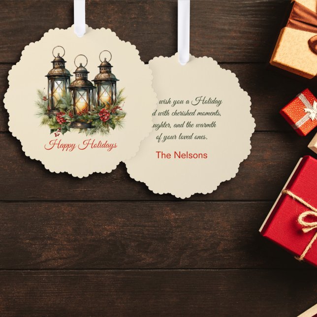 Happy Holidays Winter Lanterns Custom Photo Ornament Card (Creator Uploaded)