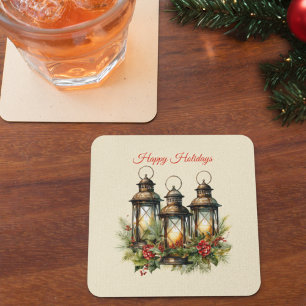 Happy Holidays Winter Lanterns Square Paper Coaster