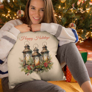 Happy Holidays Winter Lanterns Throw Pillow