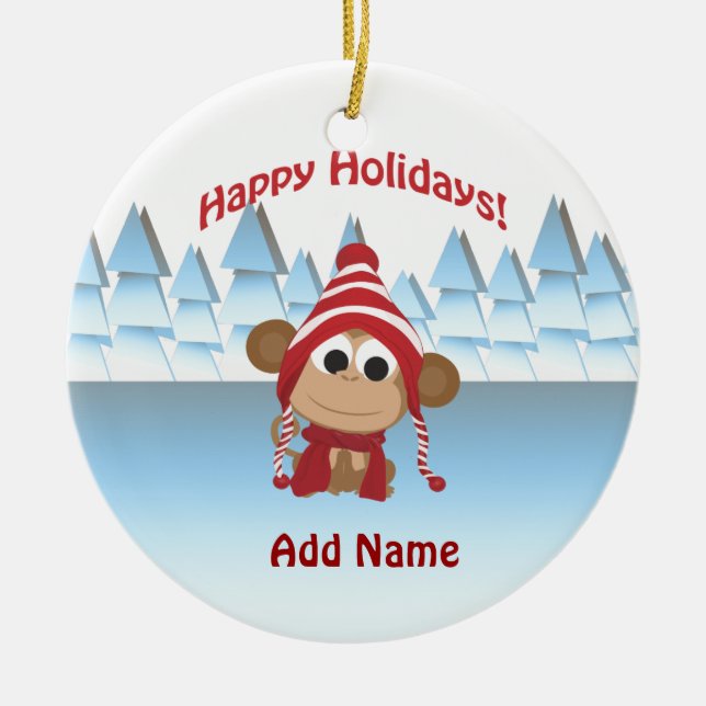 Happy Holidays! Winter Monkey Ceramic Ornament (Front)