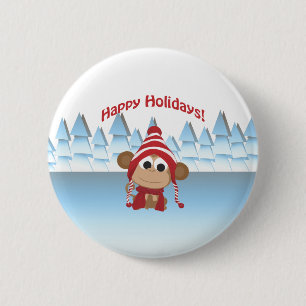 Happy Holidays! Winter Monkey Pinback Button