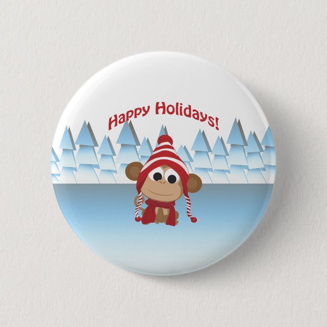 Happy Holidays! Winter Monkey Pinback Button (Front)