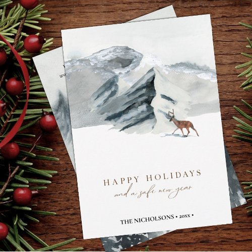 Happy Holidays  Winter Mountain Scenery Reindeer Holiday Card