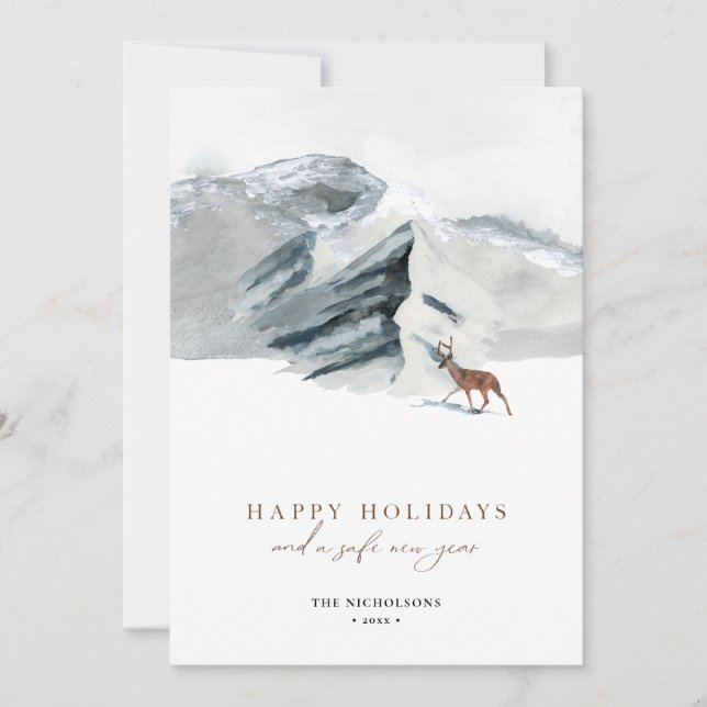 Happy Holidays | Winter Mountain Scenery Reindeer Holiday Card (Front)