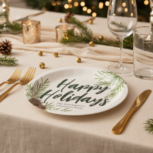 Happy Holidays Winter Pine Greenery Ivory  Paper Plates