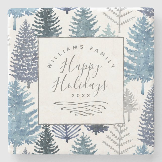 Happy Holidays  Winter Pines Custom  Stone Coaster (Front)