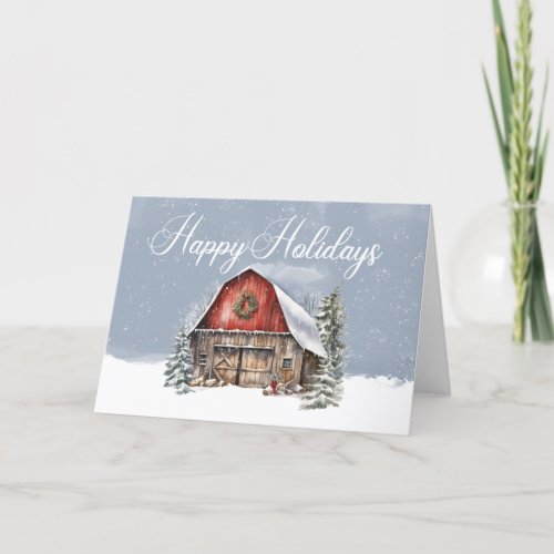 Happy Holidays Winter Snow Farm Barn Holiday Card