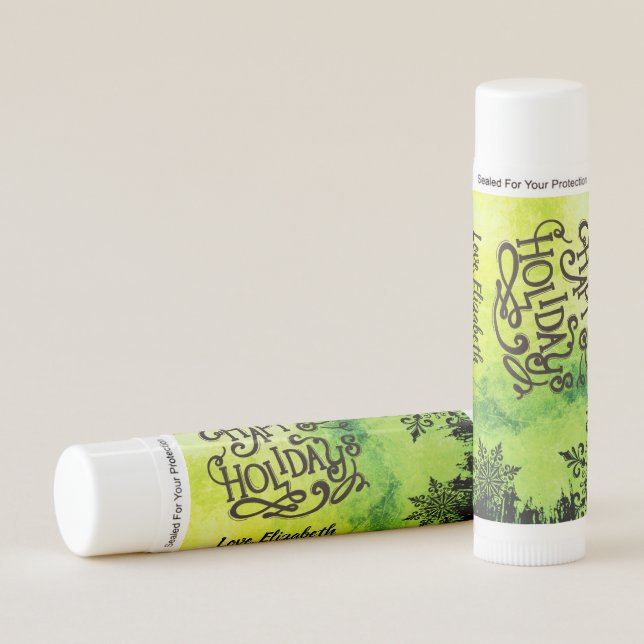 Happy Holidays Winter Snowflakes Monogram Green Lip Balm (Front)